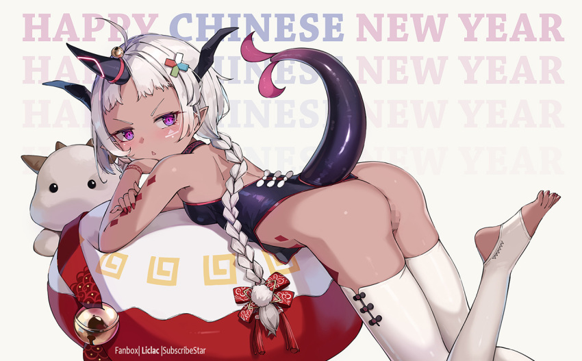 1girl :&lt; ass bare_arms bare_shoulders bell braid breasts censored chinese_clothes chinese_zodiac commentary dragon_girl dragon_horns dragon_tail dudou english_commentary from_side grey_background grey_hair horns jingle_bell leg_up liclac long_hair mosaic_censoring nail_polish no_shoes original parted_lips purple_eyes pussy red_nails simple_background single_braid small_breasts solo stirrup_legwear striped_clothes striped_thighhighs tail thighhighs toeless_legwear triangle_mouth v-shaped_eyebrows very_long_hair white_thighhighs year_of_the_dragon