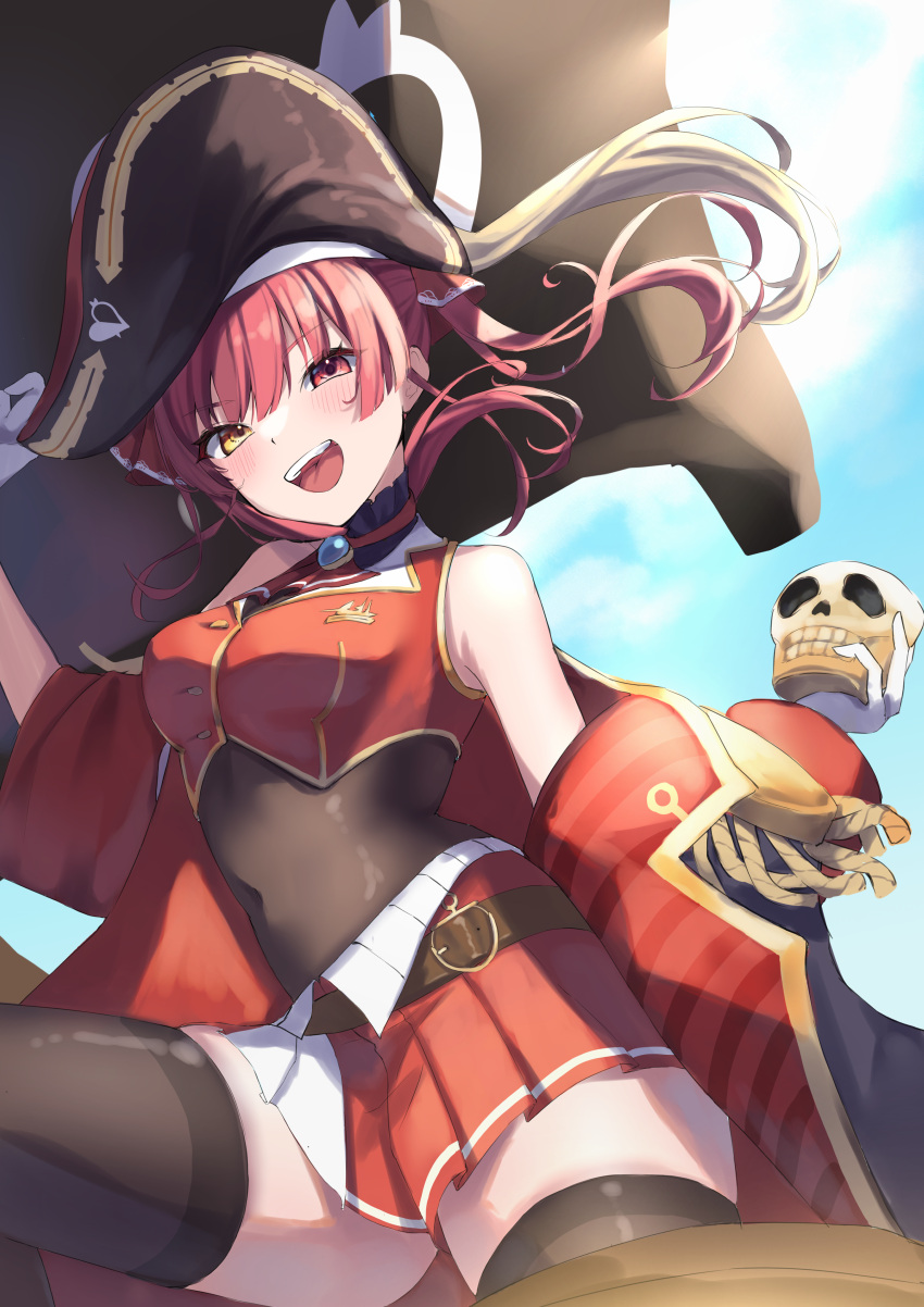 1girl absurdres belt black_coat black_thighhighs breasts brown_belt coat covered_navel cropped_jacket cup dokuro-kun_(houshou_marine) hair_ribbon hat heterochromia highres holding holding_cup hololive houshou_marine houshou_marine_(1st_costume) jacket jolly_roger large_breasts leather_belt leotard leotard_under_clothes looking_at_viewer miniskirt open_mouth pirate_hat pleated_skirt red_coat red_eyes red_hair red_jacket red_ribbon red_skirt ribbon scarf_(50464982) skirt sleeveless sleeveless_jacket smile solo teeth thighhighs twintails two-sided_coat two-sided_fabric upper_teeth_only virtual_youtuber yellow_eyes