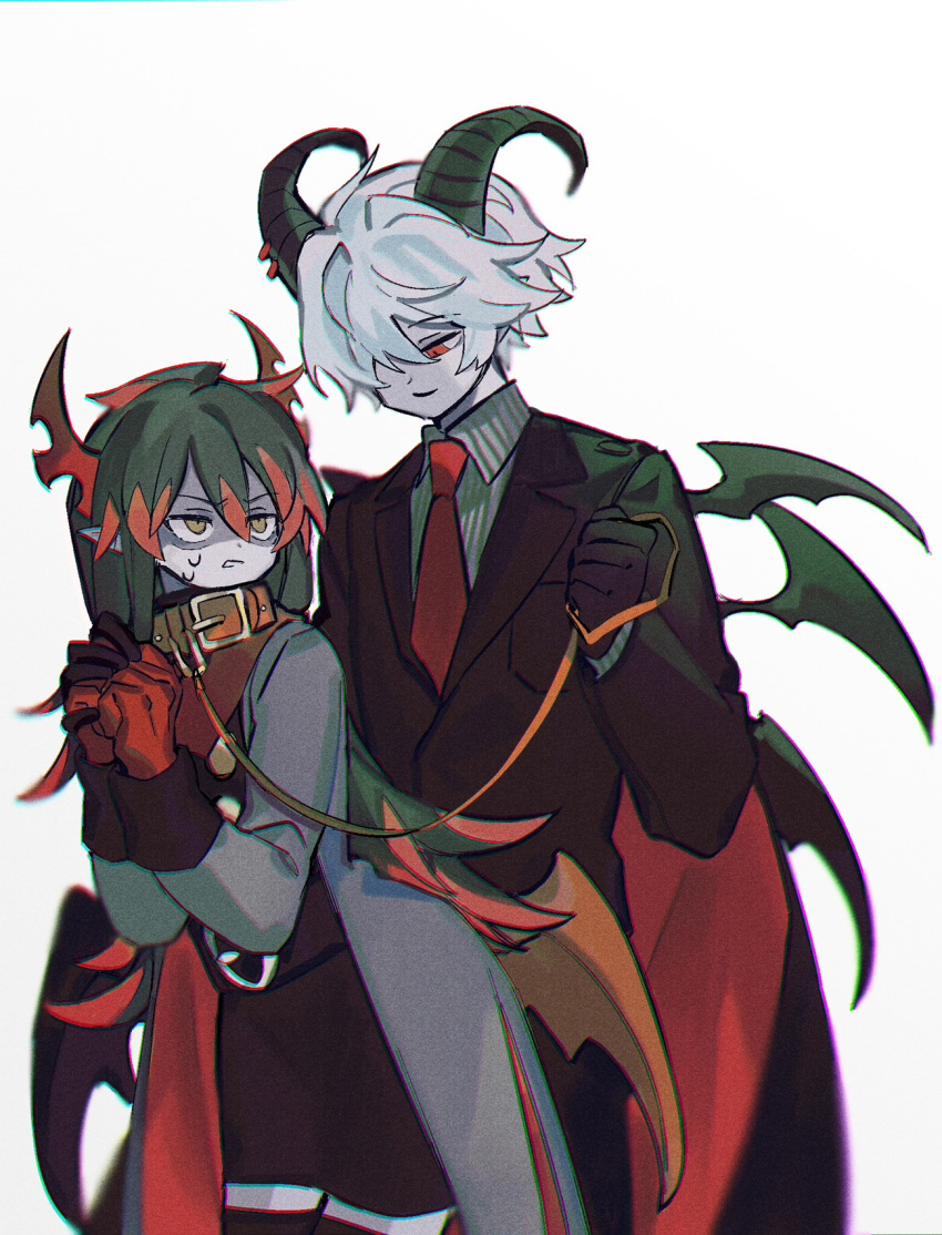 1boy 1girl amasonakius demon_boy demon_girl demon_horns dress funamusea genderswap genderswap_(ftm) genderswap_(mtf) haiiro_teien highres holding holding_leash horns ivlis_(haiiro_teien) leash long_hair looking_at_another multicolored_hair red_eyes reficul_(haiiro_teien) suit two-tone_hair white_hair yellow_eyes