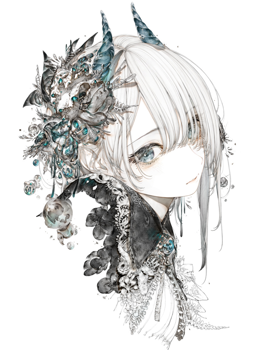 1girl blue_eyes expressionless hair_ornament hair_over_one_eye highres hito_komoru horns looking_at_viewer original parted_lips portrait short_hair simple_background solo white_background white_hair