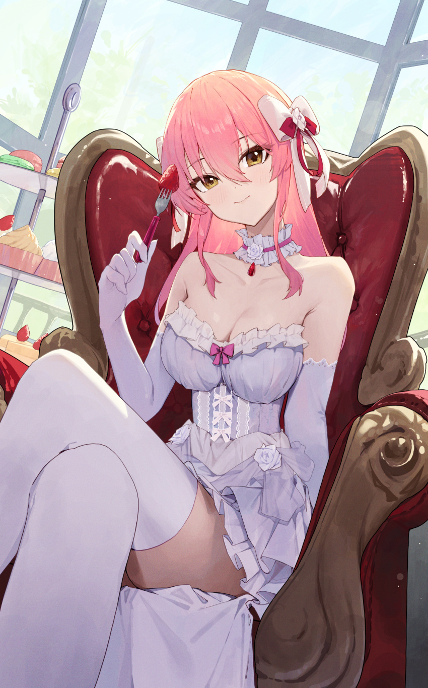 1girl bare_shoulders bow breasts brown_eyes cake chair character_request choker cleavage crossed_legs elbow_gloves fate/grand_order fate_(series) food fork frilled_choker frills fruit gloves hair_between_eyes hair_bow highres holding holding_fork horse_girl looking_at_viewer medium_breasts ningen_gokko on_chair strawberry thighhighs white_bow white_choker white_gloves white_thighhighs