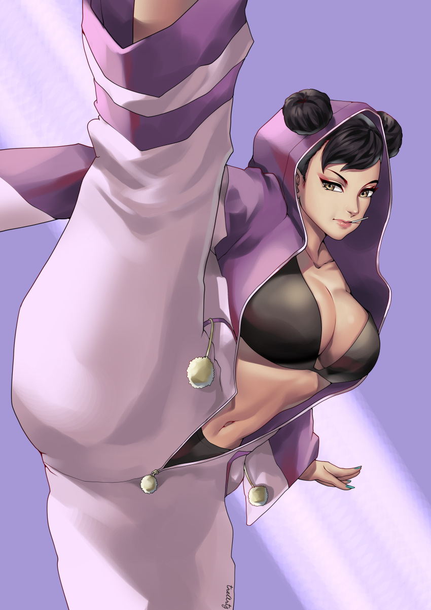 1girl absurdres black_bra black_hair black_panties bra breasts brown_eyes candy chun-li cleavage cosplay eyeshadow fingernails food food_in_mouth green_nails han_juri han_juri_(cosplay) high_kick highres hood kicking kigurumi large_breasts lollipop long_fingernails makeup navel panties panty_peek solo stomach street_fighter street_fighter_6 tre_artz underwear unzipped zipper zipper_pull_tab