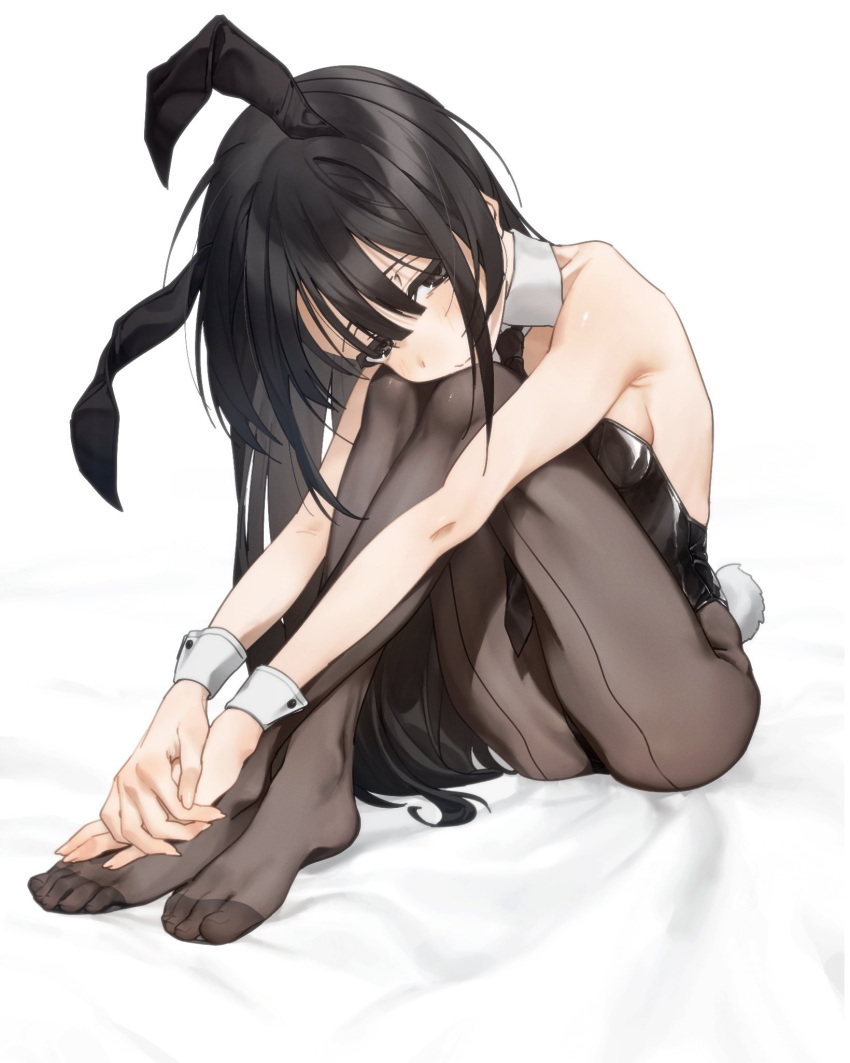 1girl animal_ears bare_shoulders black_eyes black_hair black_leotard black_necktie breasts crossed_ankles detached_collar feet full_body highres knees_to_chest knees_up legs leotard long_hair necktie no_shoes original own_hands_together pantyhose playboy_bunny rabbit_ears rabbit_tail sitting small_breasts solo tail toenails toes usurai_rairai wrist_cuffs