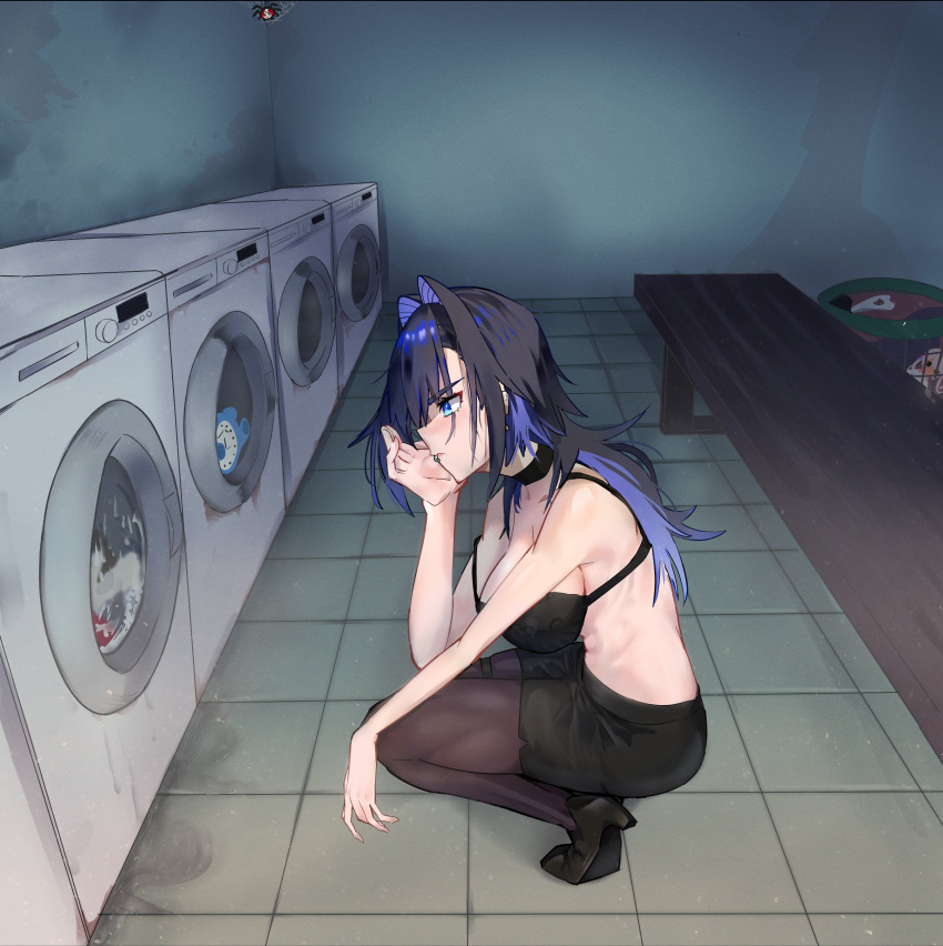 absurdres alternate_hairstyle bench black_bra black_footwear black_hair black_skirt blue_eyes blue_hair bra breasts cleaning clock from_side hand_on_own_face high_heels highres hololive hololive_english indoors kneeling koizumi_arata kronie_(ouro_kronii) large_breasts laundry multicolored_hair ouro_kronii pantyhose ponytail skirt squatting topless two-tone_hair underwear waiting washing_clothes washing_machine