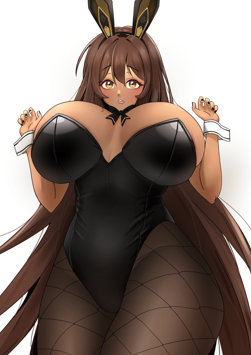 1girl animal_ears black_bow black_bowtie black_nails black_pantyhose bow bowtie breasts brown_hair dark-skinned_female dark_skin eyebrows_hidden_by_hair fake_animal_ears fishnet_pantyhose fishnets goddess_of_victory:_nikke highres huge_breasts long_hair looking_at_viewer noir_(nikke) nyang1 open_mouth pantyhose playboy_bunny rabbit_ears simple_background solo very_long_hair white_background wrist_cuffs yellow_eyes