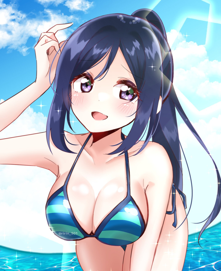 1girl bikini birthday blue_hair blue_sky blush breasts cleavage cloud cloudy_sky collarbone commentary high_ponytail highres large_breasts long_hair looking_at_viewer love_live! love_live!_sunshine!! matsuura_kanan ocean ponytail purple_eyes ririn_(ririn_501) sky solo swimsuit