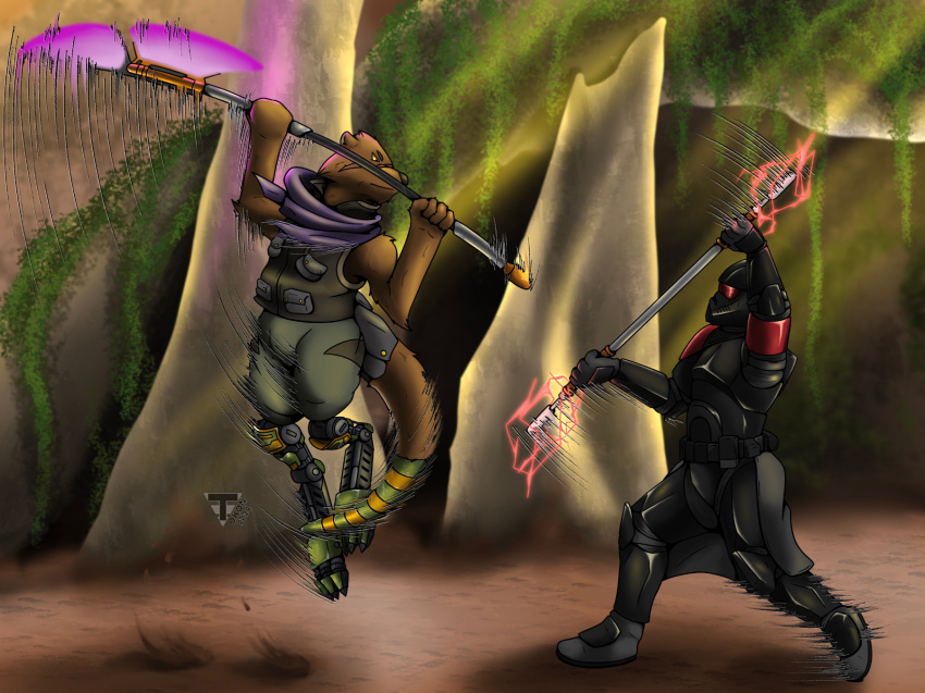 4_fingers anthro armor arthnos clothed clothing cybernetic_limb cybernetics digital_drawing_(artwork) digital_media_(artwork) digitigrade duo fight fingers fur headgear helmet hi_res holding_object holding_weapon human jedi lightsaber lightsaber_polearm machine male mammal melee_weapon mustelid polearm prosthetic prosthetic_leg prosthetic_limb prosthetic_tail purgetrooper saberstaff selonian star_wars stormtrooper tokon_(artist) unusual_anatomy weapon