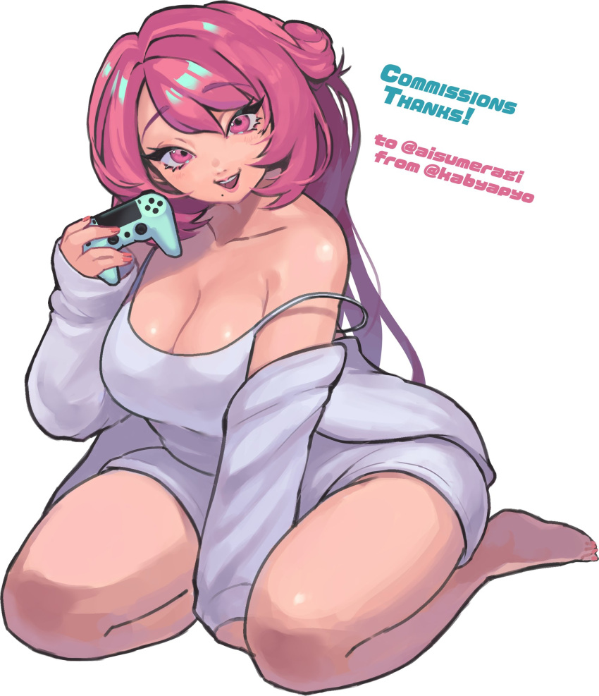 1girl barefoot breasts cleavage collarbone commission controller grey_shorts head_tilt highres holding holding_controller indie_virtual_youtuber kabiyapyo kneeling large_breasts long_hair looking_at_viewer mole mole_under_eye pink_eyes playstation_controller shorts simple_background sleeves_past_wrists smile solo sumeragi_ai twitter_username very_long_hair virtual_youtuber white_background