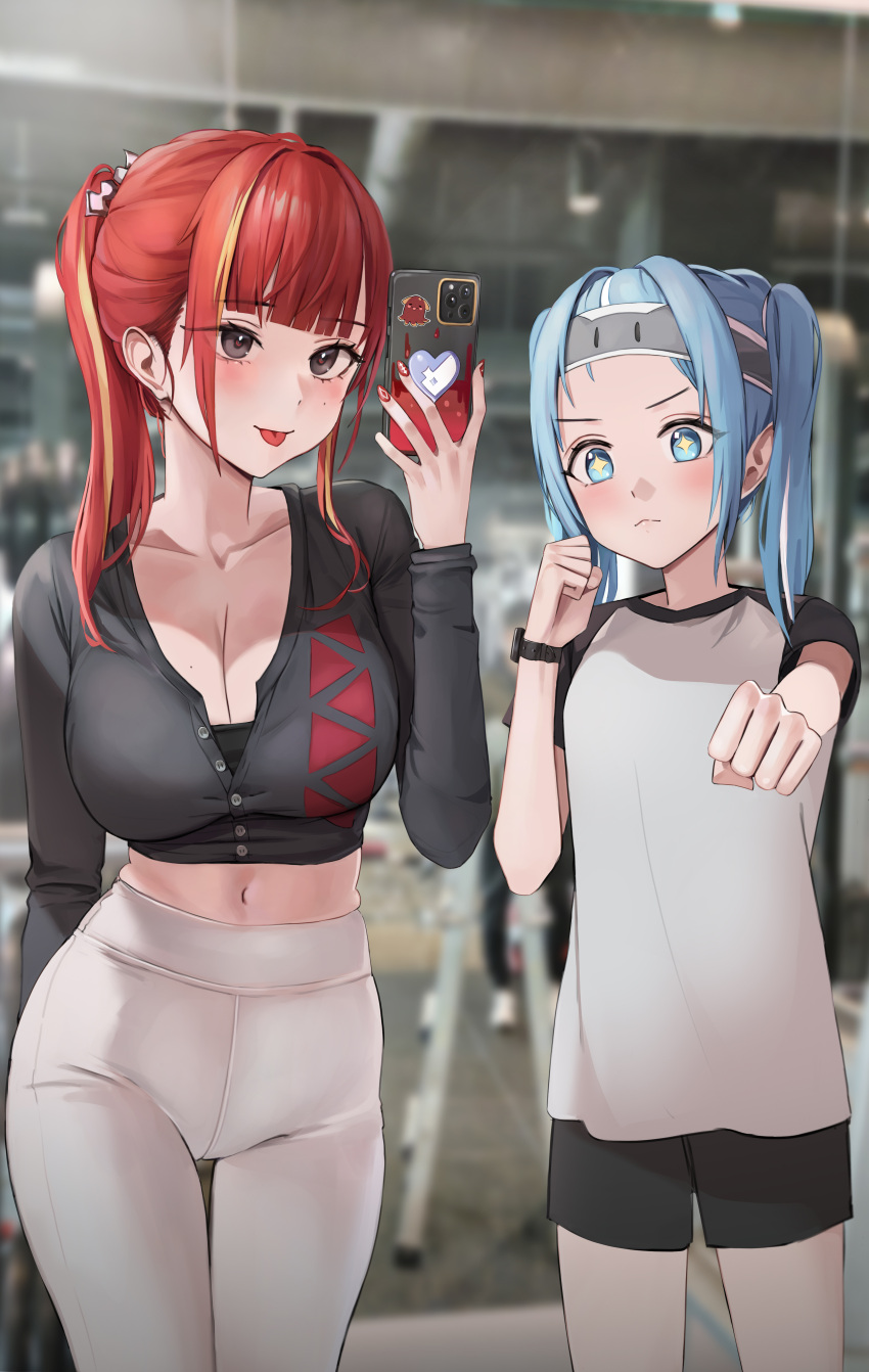 +_+ 2girls :p absurdres akane_lize arahashi_tabi bangs_pinned_back black_eyes black_shirt black_shorts black_undershirt blonde_hair blurry blurry_background blush breasts cellphone contrapposto cowboy_shot crotch_seam grey_headband headband highres holding holding_phone jundu large_breasts long_hair long_sleeves looking_at_viewer midriff mirror mole mole_on_breast mole_under_eye multicolored_hair multiple_girls nail_art navel pants partially_unbuttoned phone ponytail punching raglan_sleeves red_hair red_nails red_pupils selfie shirt short_sleeves shorts smartphone stellive streaked_hair tongue tongue_out twintails virtual_youtuber watch white_pants white_shirt wristwatch yoga_pants