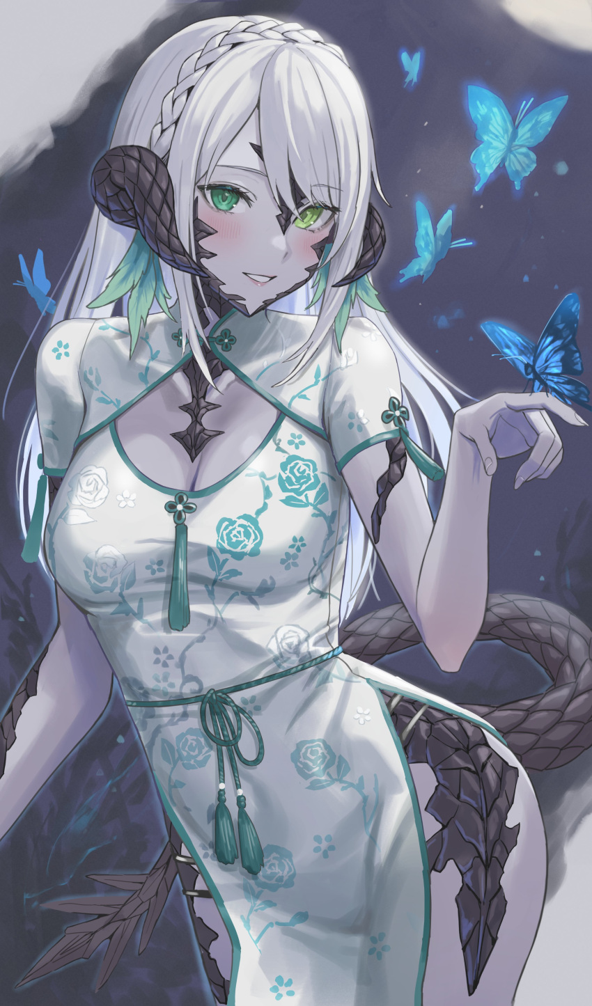 1girl absurdres au_ra black_horns blue_butterfly blush braid breasts bug butterfly butterfly_on_hand china_dress chinese_clothes cleavage cleavage_cutout clothing_cutout colored_skin commentary commission covered_navel crown_braid dragon_girl dragon_horns dragon_tail dress enporion final_fantasy final_fantasy_xiv floral_print green_eyes grey_skin heterochromia highres horns large_breasts long_hair print_dress scales short_sleeves side_slit skeb_commission smile solo tail warrior_of_light_(ff14) white_hair