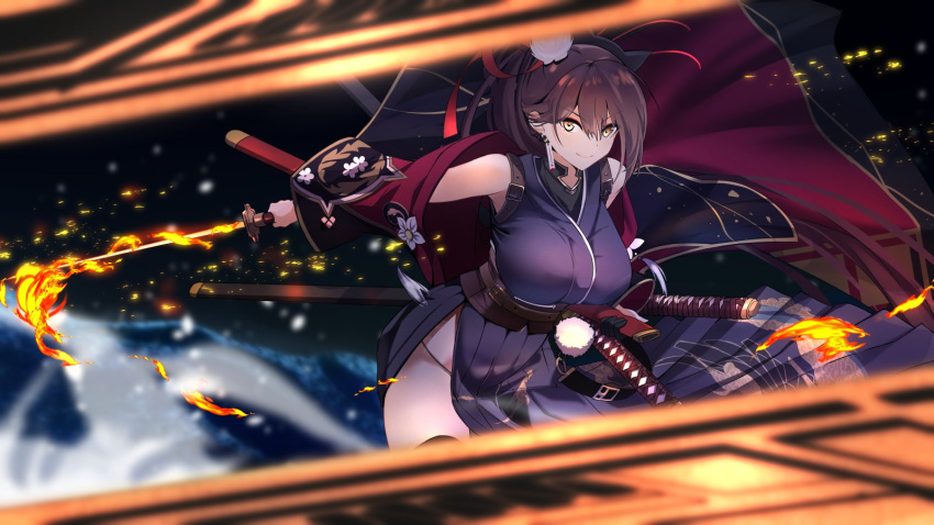 1girl azur_lane black_kimono breasts brown_hair brown_thighhighs flaming_sword flaming_weapon highres holding holding_sword holding_weapon ishida_katsuzane japanese_clothes kimono large_breasts long_hair looking_at_viewer multiple_swords official_alternate_costume panties sheath sheathed shoulder_strap side_slit sleeveless solo string_panties sword thighhighs underwear unsheathed very_long_hair weapon yellow_eyes zuikaku_(azur_lane) zuikaku_(ceremonial_crane)_(azur_lane)