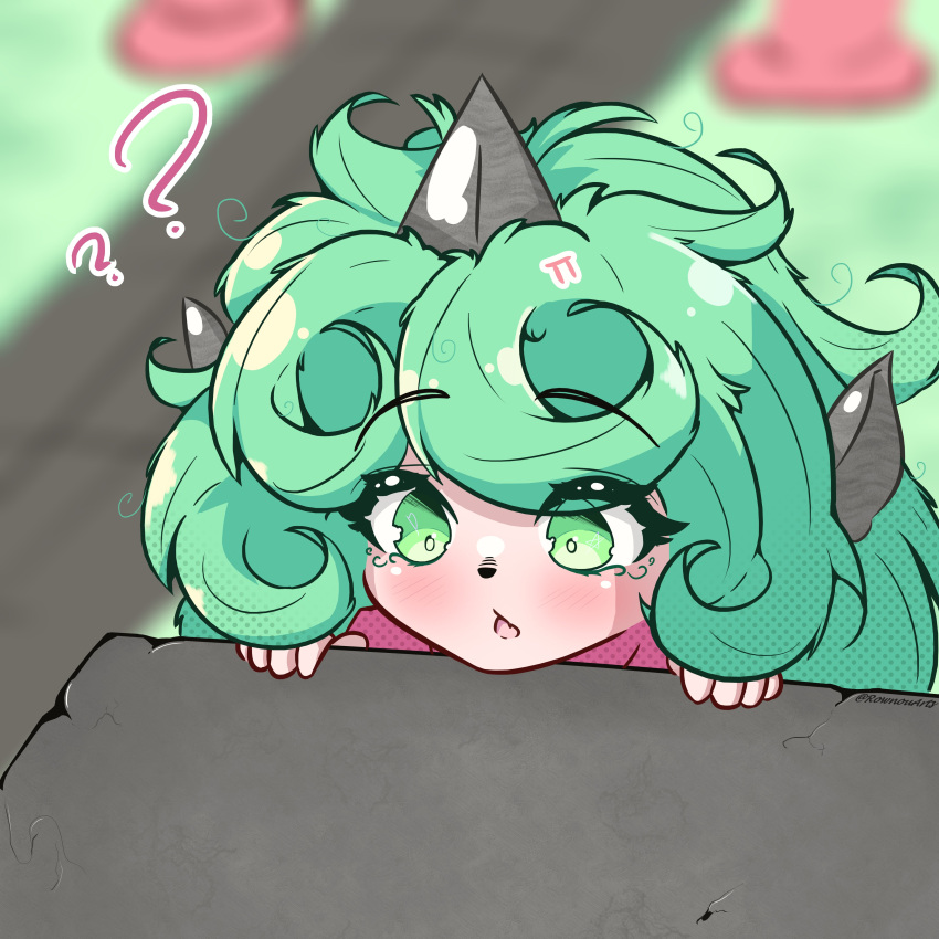 1girl ? ?? absurdres blurry blurry_background blush commentary curly_hair english_commentary green_eyes green_hair highres horns komano_aunn open_mouth outdoors rownou single_horn solo touhou