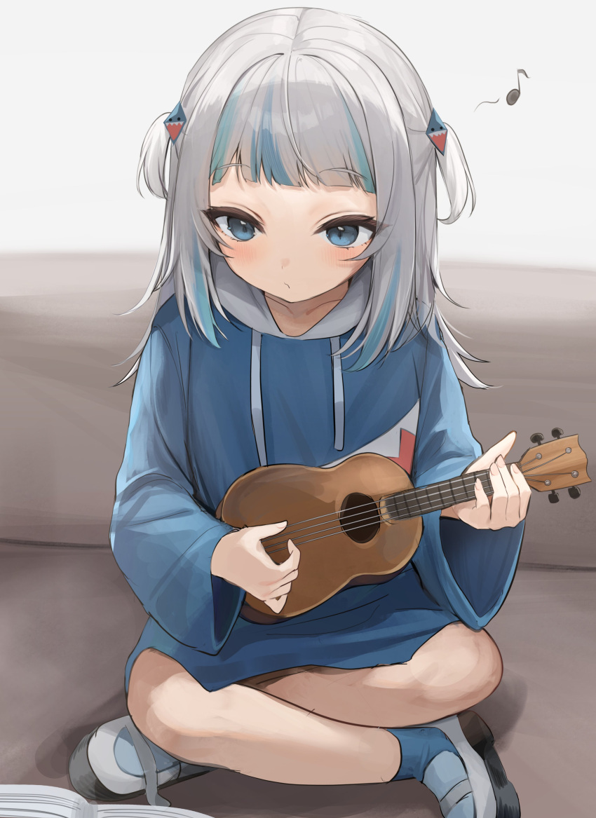 1girl absurdres animal_costume blue_eyes blue_hair blue_hoodie blush closed_mouth couch crossed_legs full_body gawr_gura gawr_gura_(1st_costume) hair_ornament highres hololive hood hood_down hoodie indian_style instrument iruka3 looking_down medium_hair multicolored_hair music musical_note on_couch playing_instrument shark_costume shark_hair_ornament sitting solo streaked_hair two-tone_hair two_side_up ukulele virtual_youtuber white_footwear white_hair
