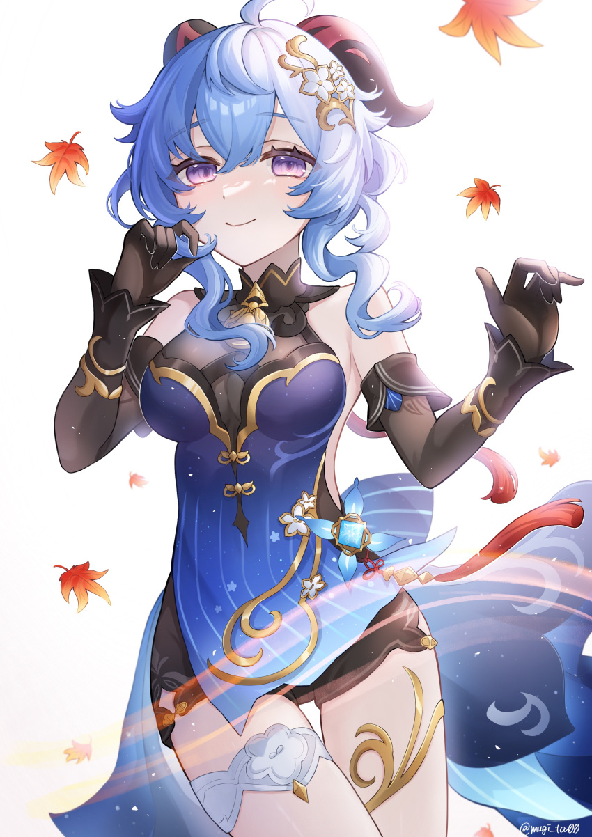 1girl absurdres ahoge artist_name autumn_leaves bare_shoulders bell black_dress black_gloves blue_dress blue_hair breasts cleavage detached_sleeves dress ganyu_(genshin_impact) ganyu_(twilight_blossom)_(genshin_impact) genshin_impact gloves gold_trim gradient_dress hair_ornament highres horns long_hair looking_at_viewer medium_breasts mokankan neck_bell official_alternate_costume official_alternate_hairstyle purple_eyes sideless_dress sidelocks smile solo thigh_gap thighs vision_(genshin_impact) white_background