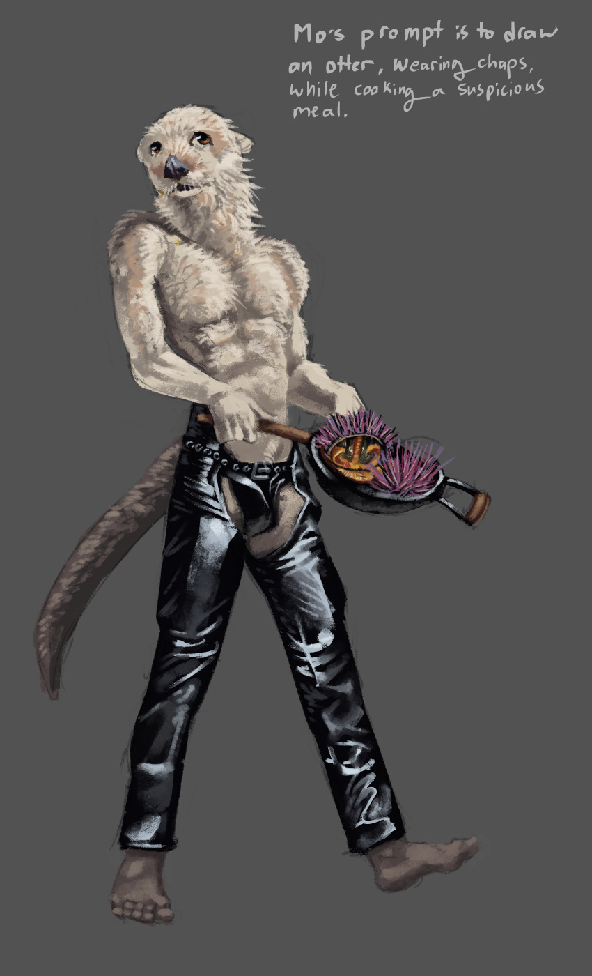 absurd_res anthro belt bottomwear bulge chaps clothed clothing cooking echinoderm echinozoan food hi_res jockstrap leather leather_bottomwear leather_clothing leather_jockstrap leather_pants lutrine male mammal marine momamo muscular muscular_anthro muscular_male mustelid pants partially_clothed sea_urchin shirtless shirtless_anthro shirtless_male solo solo_focus underwear wok