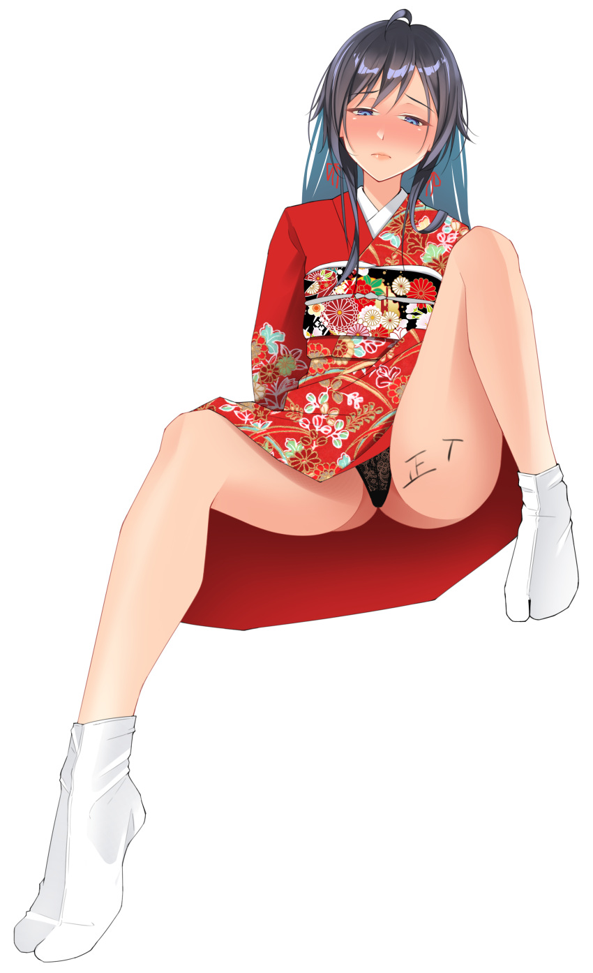 1girl absurdres ahoge black_hair black_panties blue_eyes blush body_writing closed_mouth floral_print furisode hair_ribbon highres invisible_chair japanese_clothes kimono lace lace_panties long_hair mitty_(bareg_09) obi panties pantyshot print_kimono red_kimono red_ribbon ribbon sash simple_background sitting solo spread_legs tabi tally thighs underwear white_background yahari_ore_no_seishun_lovecome_wa_machigatteiru. yukinoshita_yukino