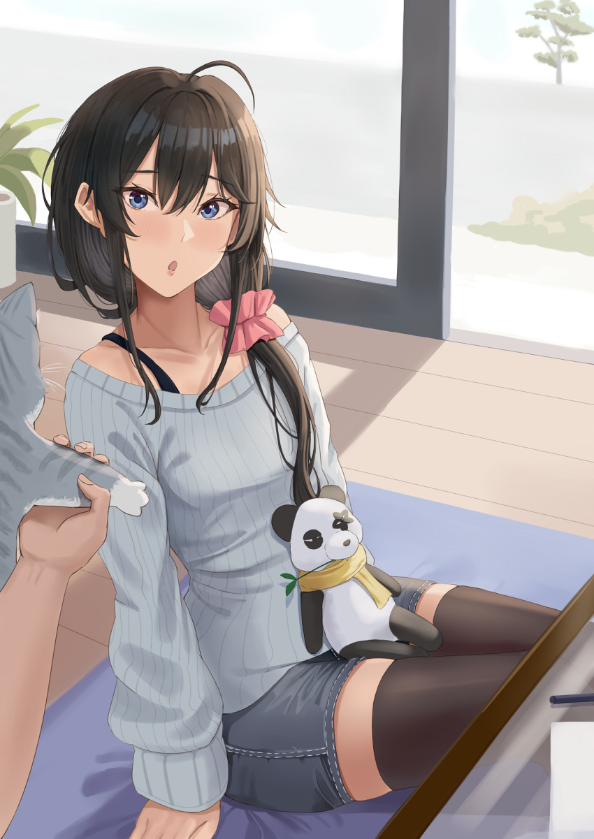 1girl 1other :o ahoge animal black_hair black_thighhighs blue_eyes blue_skirt blue_sweater cat clothing_cutout collarbone denim denim_skirt hair_ornament hair_over_shoulder hair_scrunchie highres holding holding_animal holding_cat indoors long_hair long_sleeves looking_at_viewer miniskirt on_floor open_mouth pencil_skirt pink_scrunchie pov pov_hands scrunchie shoulder_cutout sitting skirt smodzz998 stuffed_animal stuffed_toy sweater thighhighs yahari_ore_no_seishun_lovecome_wa_machigatteiru. yukinoshita_yukino zettai_ryouiki