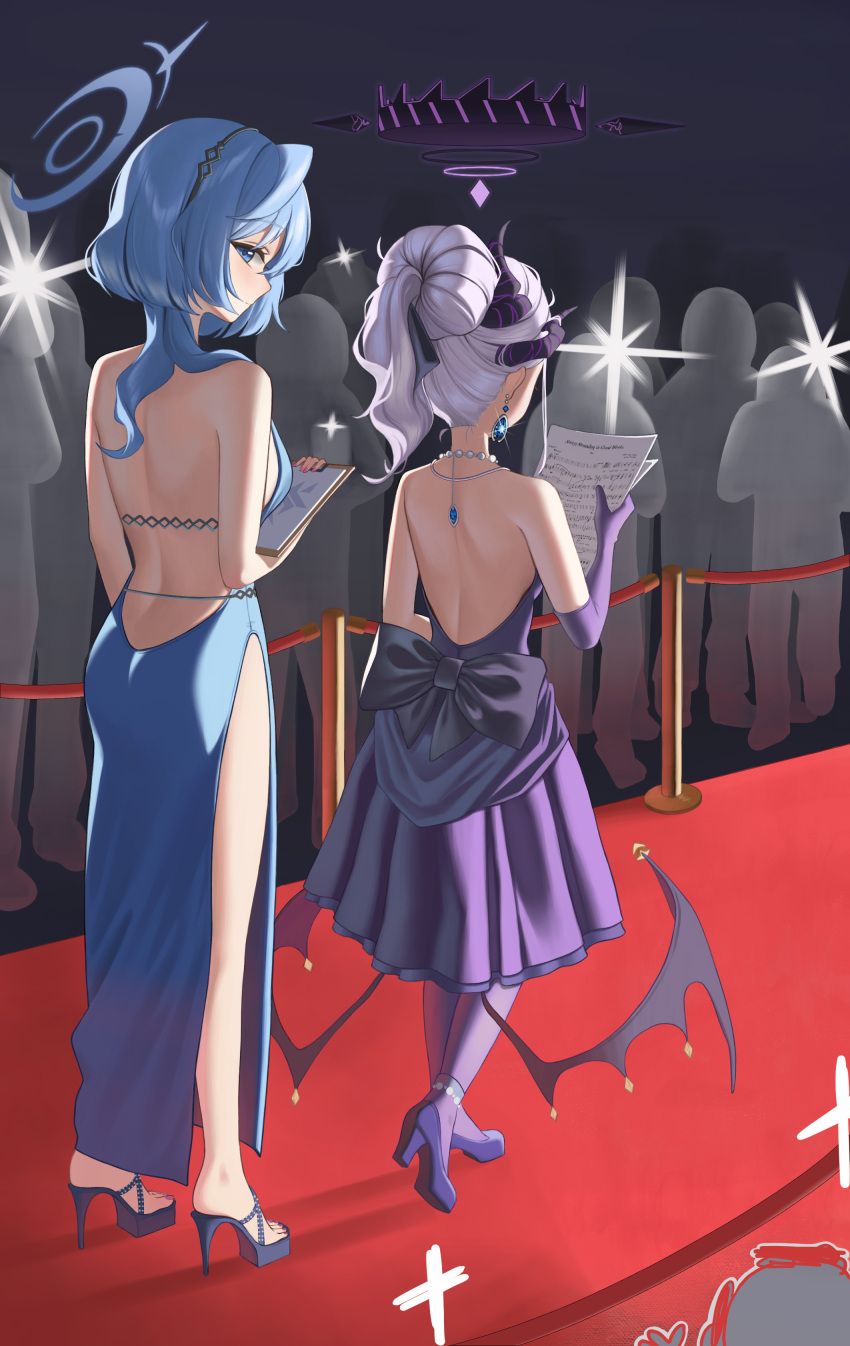 1boy 2girls 6+others absurdres ako_(blue_archive) ako_(dress)_(blue_archive) backless_dress backless_outfit black_footwear black_horns blue_archive blue_dress blue_eyes blue_hair blue_halo breasts dangle_earrings demon_horns demon_wings doodle_sensei_(blue_archive) dress earrings elbow_gloves gloves grey_hair halo high_heels highres hina_(blue_archive) hina_(dress)_(blue_archive) holding holding_paper horns jewelry large_breasts long_hair multiple_girls multiple_horns multiple_others necklace official_alternate_costume official_alternate_hairstyle pantyhose paper pendant purple_dress purple_footwear purple_gloves purple_pantyhose purple_wings sensei_(blue_archive) sheet_music sleeveless sleeveless_dress strapless strapless_dress welsh_(wel_sh) wings