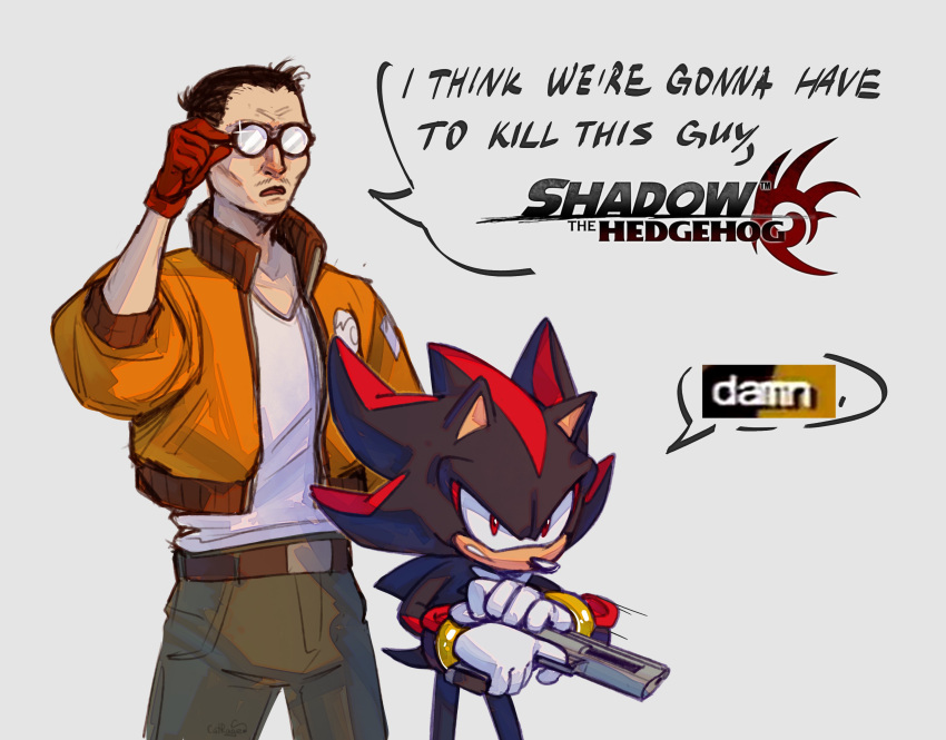 2boys absurdres belt black_hair brown_belt catrage_miau character_request english_text furry furry_male glasses gloves green_pants gun highres holding holding_gun holding_weapon i_think_we're_gonna_have_to_kill_this_guy_steven_(meme) jacket logo meme multiple_boys open_clothes open_jacket orange_jacket pants red_eyes red_gloves round_eyewear shadow_the_hedgehog shadow_the_hedgehog_(game) shirt short_hair simple_background sonic_(series) weapon white_background white_gloves white_shirt