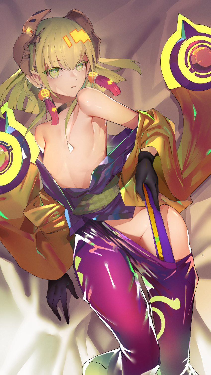 1girl absurdres bangs belt blush breasts coat collar convenient_censoring duel_monster earrings gloves green_eyes grey_hair hair_ornament highres jewelry looking_at_viewer navel noh-p.u.n.k._ze_amin off_shoulder pants purple_pants ro_g_(oowack) small_breasts tagme undressing yellow_coat yu-gi-oh!