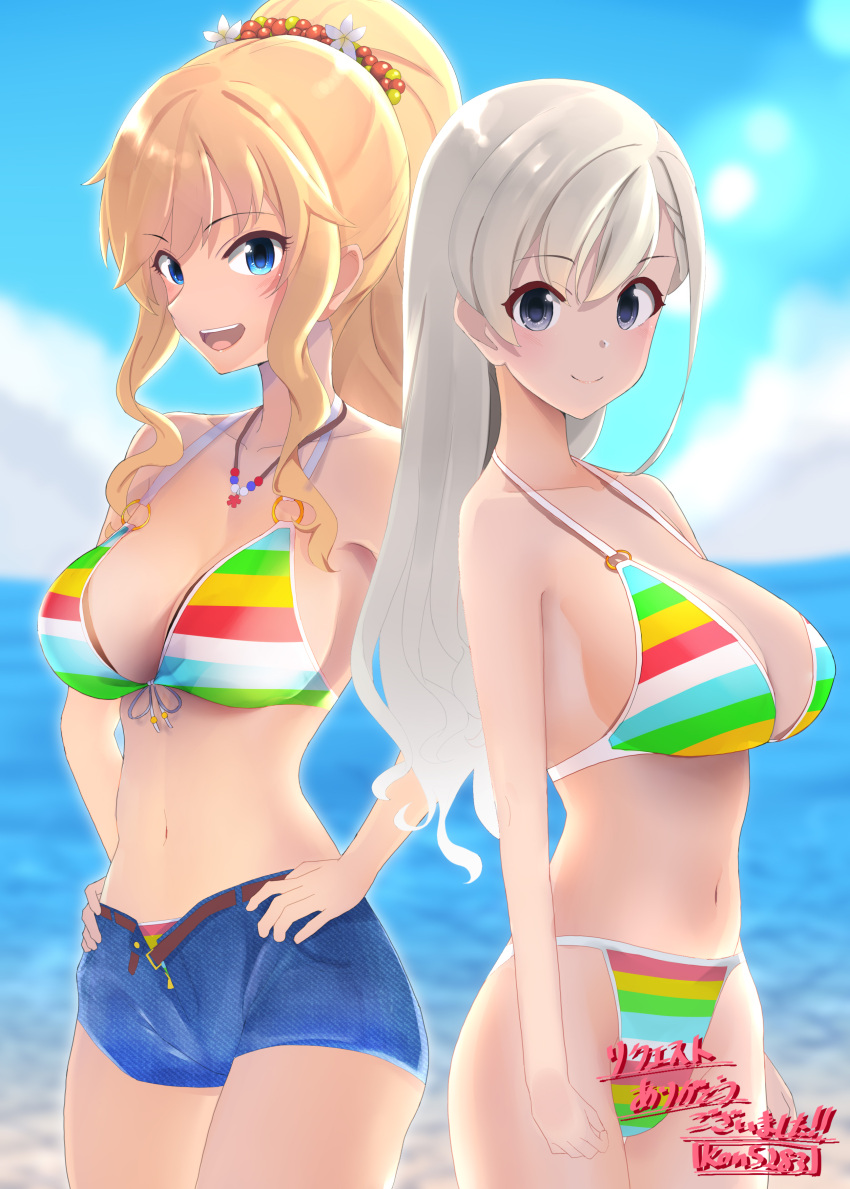 2girls absurdres bare_shoulders blonde_hair blue_eyes blush braid braided_bangs breasts cleavage collarbone denim denim_shorts grey_hair highres hisakawa_hayate idolmaster idolmaster_cinderella_girls jewelry kon5283 large_breasts long_hair looking_at_viewer multiple_girls navel necklace ohtsuki_yui open_mouth ponytail rainbow_bikini shorts signature smile wavy_hair