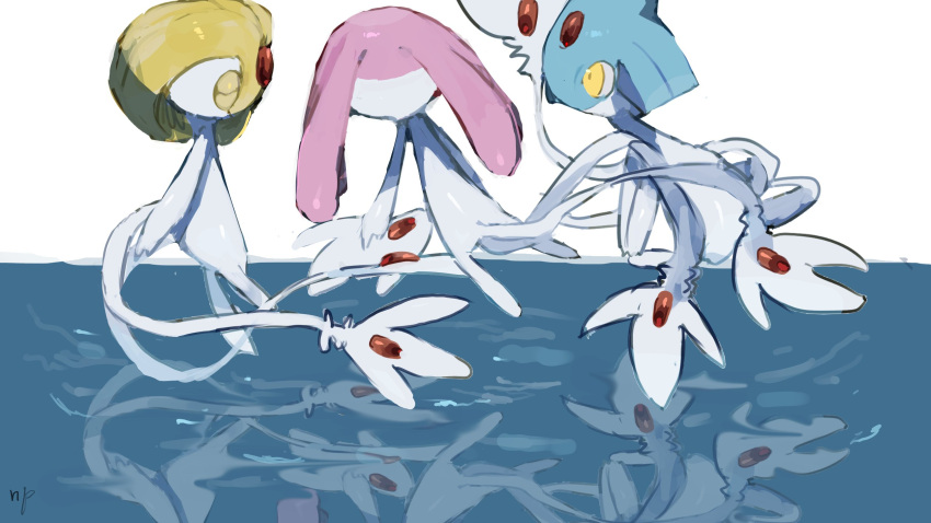 0wzsyvlnp78 azelf closed_eyes closed_mouth highres looking_at_another mesprit no_humans pokemon pokemon_(creature) reflection reflective_water uxie water yellow_eyes