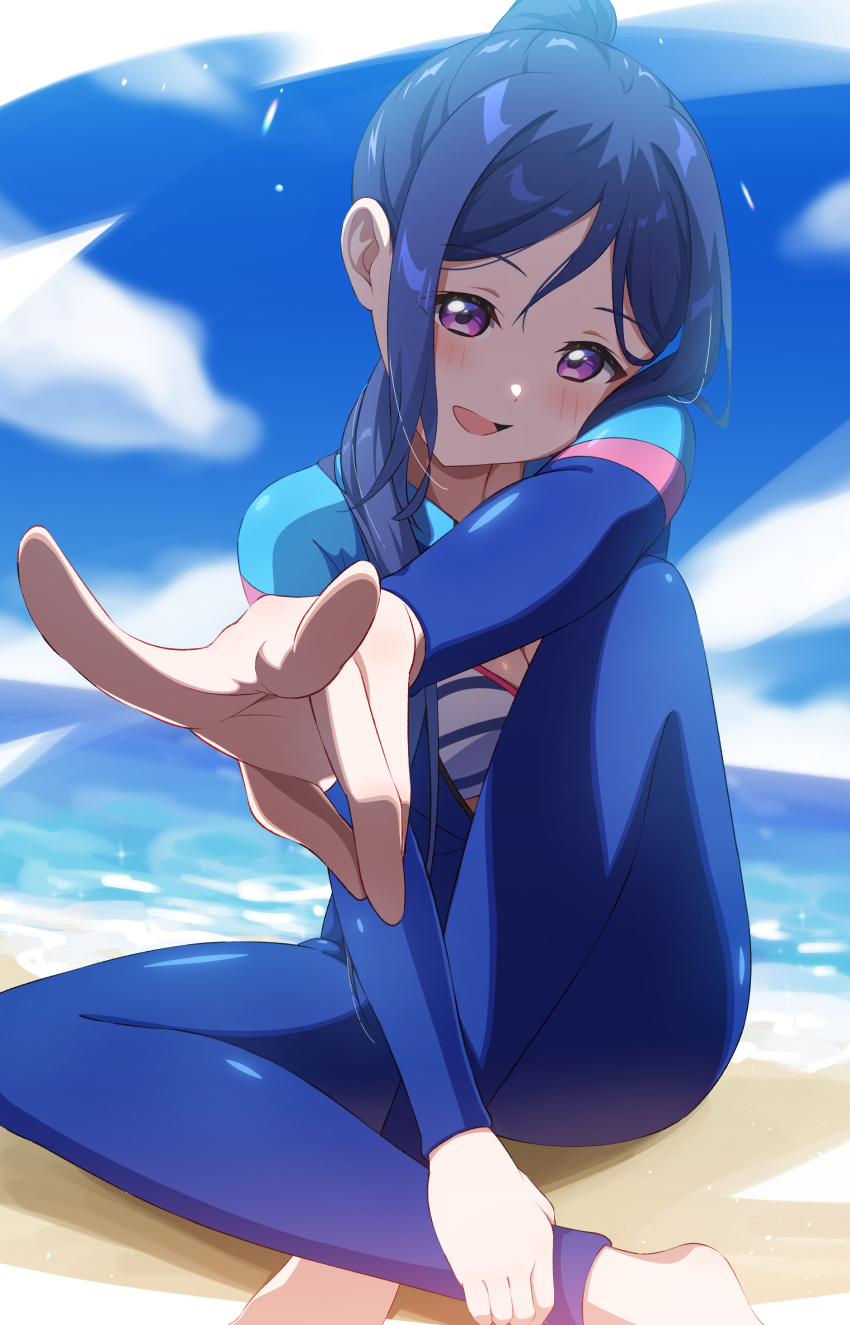 1girl absurdres beach bikini birthday blue_hair blush commentary diving_suit high_ponytail highres itsuka_(itsuka_000) long_hair looking_at_viewer love_live! love_live!_sunshine!! matsuura_kanan ocean open_clothes ponytail purple_eyes sidelocks sitting solo swimsuit