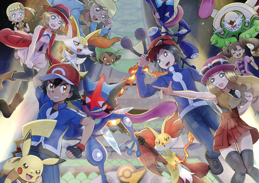 3boys 4girls absurdres animal_ears ash-greninja ash_ketchum bare_arms baseball_cap black_footwear black_hair black_thighhighs blonde_hair blue_eyes bonnie_(pokemon) boots braixen brother_and_sister brown_footwear brown_hair calem_(pokemon) chesnaught chespin clemont_(pokemon) dark-skinned_female dark_skin dedenne delphox dosya_252 eyewear_on_headwear fingerless_gloves fire fox_ears furry glasses gloves glowing glowing_eye greninja grey_eyes hat highres light_brown_hair lumiose_city multiple_boys multiple_girls night night_sky open_mouth pikachu pleated_skirt pokemon pokemon_(anime) pokemon_(creature) pokemon_xy pokemon_xy_(anime) red_eyes red_headwear serena_(pokemon) shauna_(pokemon) siblings skirt sky smile sunglasses teeth thighhighs