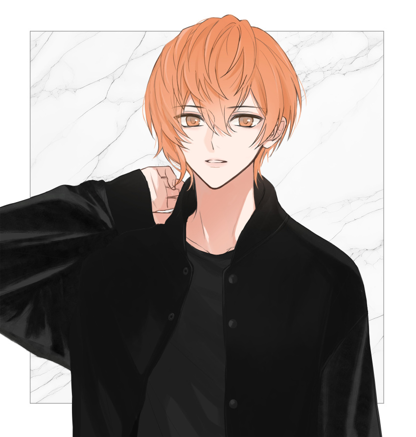 1boy absurdres alternate_costume black_jacket black_shirt grey_background hand_on_own_neck highres jacket long_sleeves male_focus miyama_kei orange_eyes orange_hair paradox_live parted_lips shirt short_hair simple_background sis_0001 solo teeth