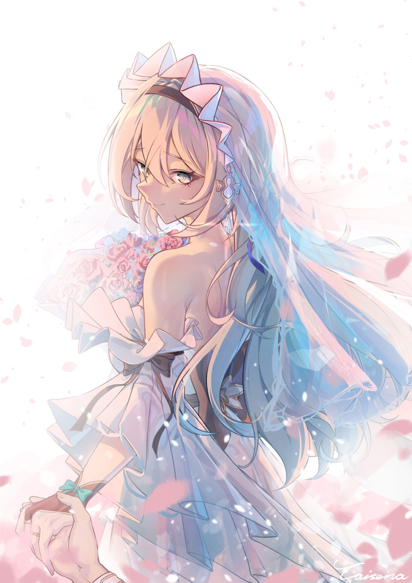 1girl 1other absurdres bare_shoulders black_bow black_hairband bow bridal_gauntlets caisena closed_mouth detached_sleeves dress falling_petals firefly_(honkai:_star_rail) hairband happy highres honkai:_star_rail honkai_(series) long_hair looking_at_viewer petals pov pov_hands simple_background single_bridal_gauntlet smile solo wedding_dress white_background white_hair white_veil