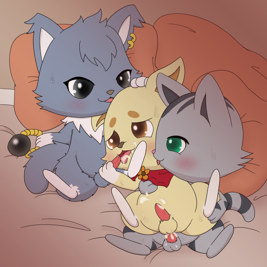 anal anal_penetration anthro bandanna blush bodily_fluids canid canine canis cum dian_(jewelpet) domestic_cat domestic_dog felid feline felis fur genital_fluids genitals green_eyes grey_body grey_fur group hi_res improbable_(artist) jewelpet kerchief kohaku_(jewelpet) male male/male mammal penetration penile penile_penetration penis penis_in_ass pillow sanrio stripes tour_(jewelpet) trio yellow_body yellow_fur