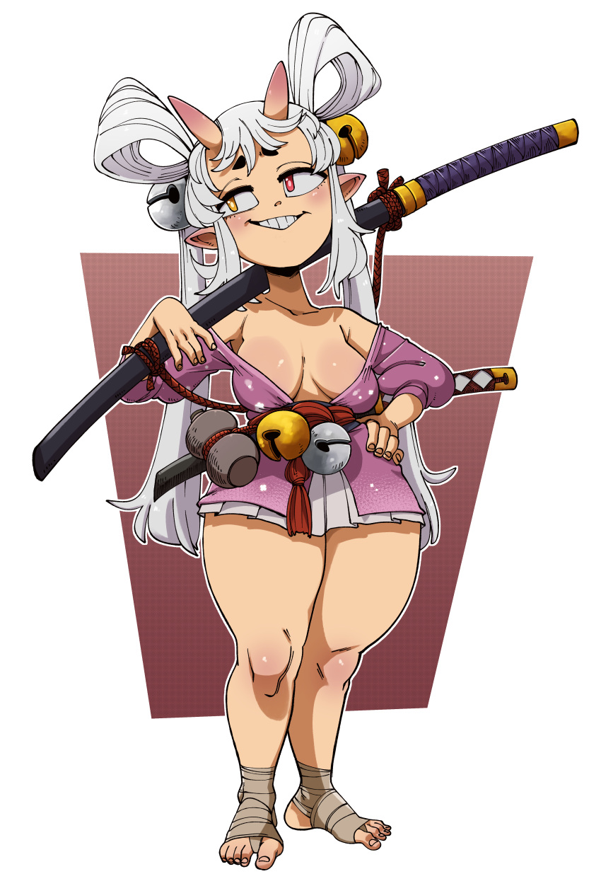absurd_res breasts clothed clothing female hair hand_on_hip hi_res horn horned_humanoid humanoid katana melee_weapon not_furry nuclearwasabi solo sword teeth thick_thighs weapon white_hair