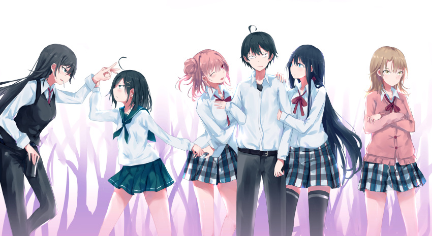 1boy 5girls absurdres ahoge arm_grab black_hair black_pants black_thighhighs black_vest blonde_hair blue_eyes can cardigan cigarette crossed_arms flick green_sailor_collar green_skirt hair_bun hair_ornament hair_ribbon highres hikigaya_hachiman hikigaya_komachi hiratsuka_shizuka holding holding_can isshiki_iroha locked_arms long_hair looking_at_another multiple_girls neck_ribbon necktie pants parted_lips pink_cardigan pink_hair plaid plaid_skirt pleated_skirt red_eyes red_necktie red_ribbon ribbon sailor_collar school_uniform serafuku shirt short_hair single_hair_bun single_side_bun skirt sobu_high_school_uniform standing tachibana_c thighhighs vest white_shirt x_hair_ornament yahari_ore_no_seishun_lovecome_wa_machigatteiru. yellow_eyes yuigahama_yui yukinoshita_yukino zettai_ryouiki