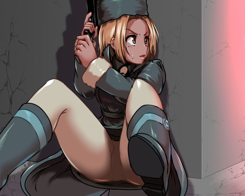 1girl blonde_hair dark-skinned_female dark_skin flcl foot_out_of_frame gun hat holding holding_gun holding_weapon kitsurubami military_uniform necktie open_mouth pantyhose raseruta short_hair skirt solo uniform weapon