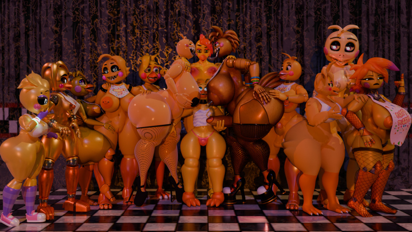 3d_(artwork) animatronic anonymousfm anthro areola avian balls beak bib big_breasts big_butt bird blush breast_size_difference breasts bulge butt chicken clothing digital_media_(artwork) erection feathers female female/female fishnet fishnet_legwear five_nights_at_freddy's five_nights_at_freddy's_2 footwear fur galliform gallus_(genus) genitals glowing glowing_eyes group hair herm hi_res high_heels huge_breasts huge_butt humanoid_genitalia humanoid_penis intersex intersex/female intersex/intersex legwear looking_back lovetaste_chica machine nipples nude open_mouth panties penis penis_size_difference phasianid pussy robot scott_cawthon scottgames shoes size_difference slightly_chubby smile socks tail text thick_thighs tongue topwear toy_chica_(eroticphobia) toy_chica_(fnaf) toy_chica_(psychojohn2) underwear wide_hips yellow_body