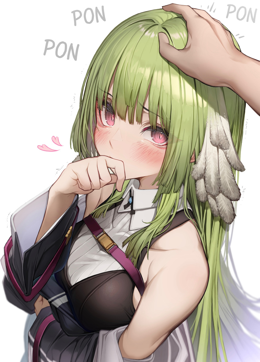 1girl 1other absurdres arknights bare_shoulders blush breasts collarbone commentary_request detached_sleeves feather_hair green_hair hand_on_another's_head heart heart-shaped_pupils highres long_hair looking_at_viewer medium_breasts no_headwear petting pink_eyes poncirus_(arknights) simple_background solo_focus symbol-shaped_pupils tab_head white_background
