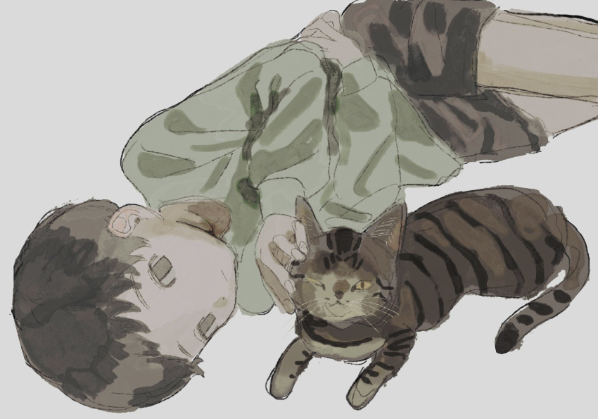 1boy animal brown_cat brown_fur brown_hair brown_shorts cat expressionless green_shirt liii_fv lying on_side on_stomach original petting shirt shorts solo striped_fur white_background