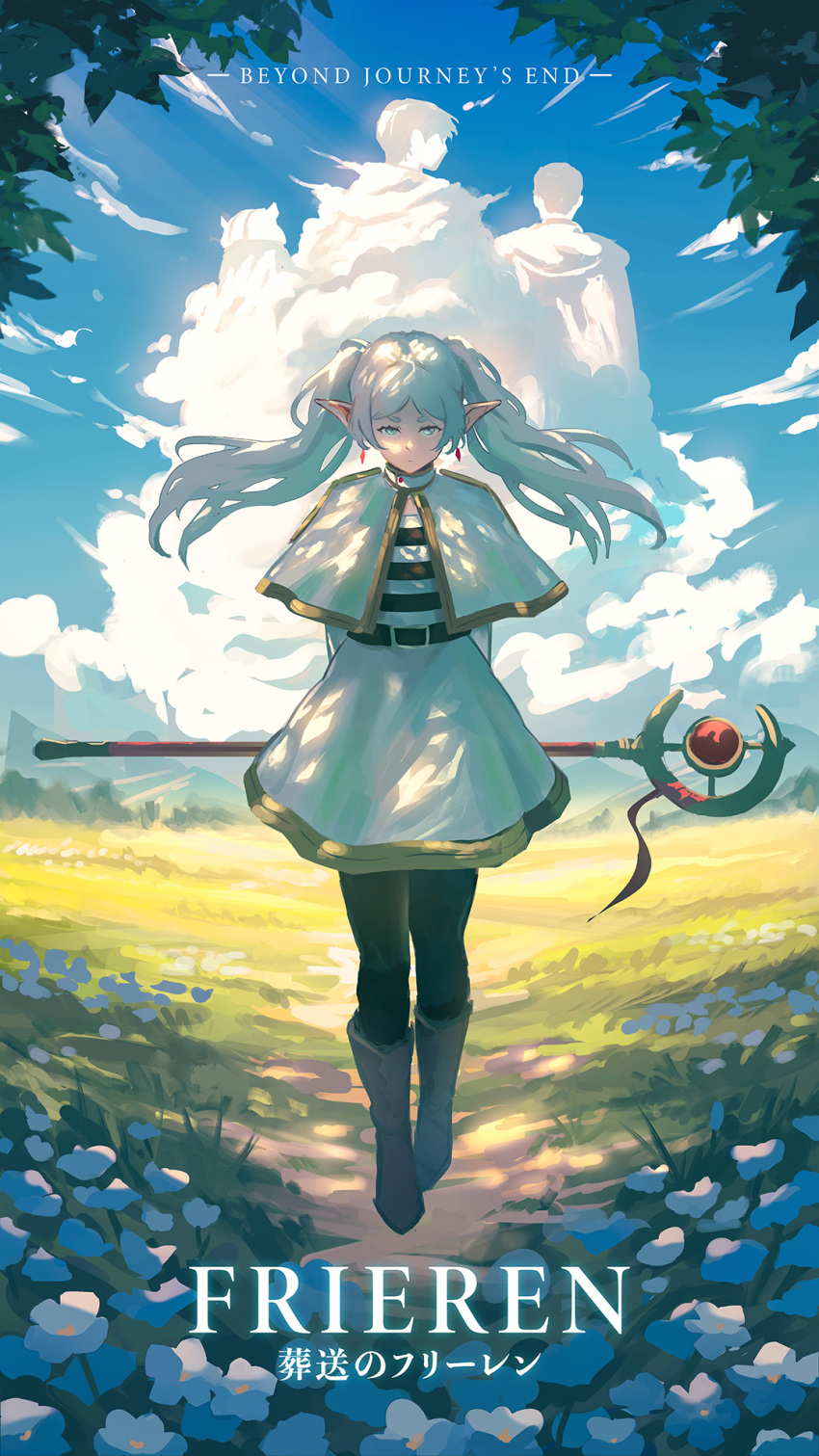 1girl 3boys belt black_belt black_pantyhose blue_flower blue_sky brown_footwear capelet cloud copyright_name dangle_earrings dappled_sunlight dinhosaur drop_earrings earrings eisen_(sousou_no_frieren) elf flower frieren full_body grass grey_hair heiter highres himmel_(sousou_no_frieren) holding holding_staff jewelry looking_at_viewer mage_staff multiple_boys pantyhose parted_bangs pointy_ears shirt skirt sky solo_focus sousou_no_frieren staff standing straight-on striped_clothes striped_shirt sunlight tree_shade twintails weapon_behind_back white_capelet white_skirt
