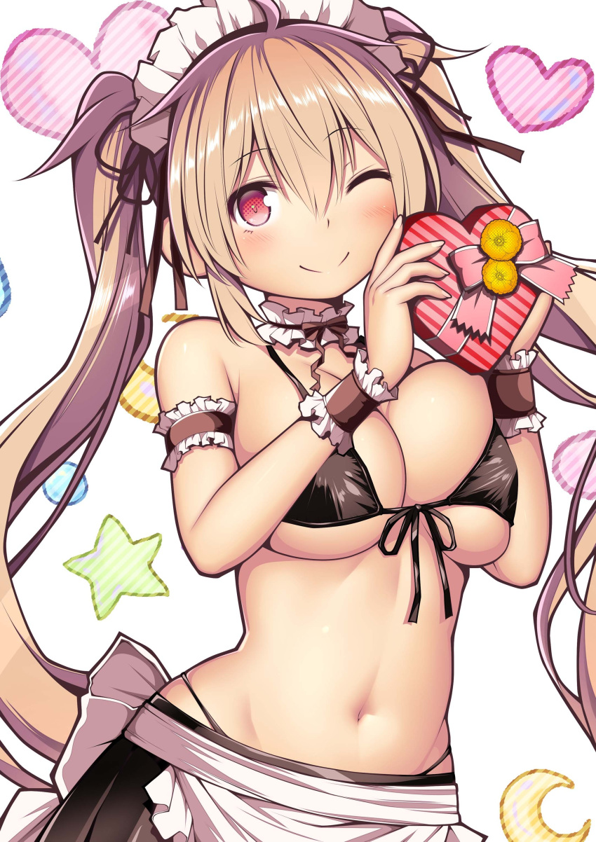 1girl absurdres alternate_costume apron bikini black_bikini black_ribbon blush box breasts closed_mouth crescent enmaided frilled_apron frills gift gift_box groin hair_between_eyes hair_ribbon heart heart-shaped_box highres holding holding_gift kantai_collection kuromayu large_breasts light_brown_hair long_hair looking_at_viewer maid maid_bikini maid_headdress murasame_(kancolle) one_eye_closed red_eyes ribbon smile solo star_(symbol) swimsuit two_side_up unconventional_maid valentine waist_apron white_apron wrist_cuffs
