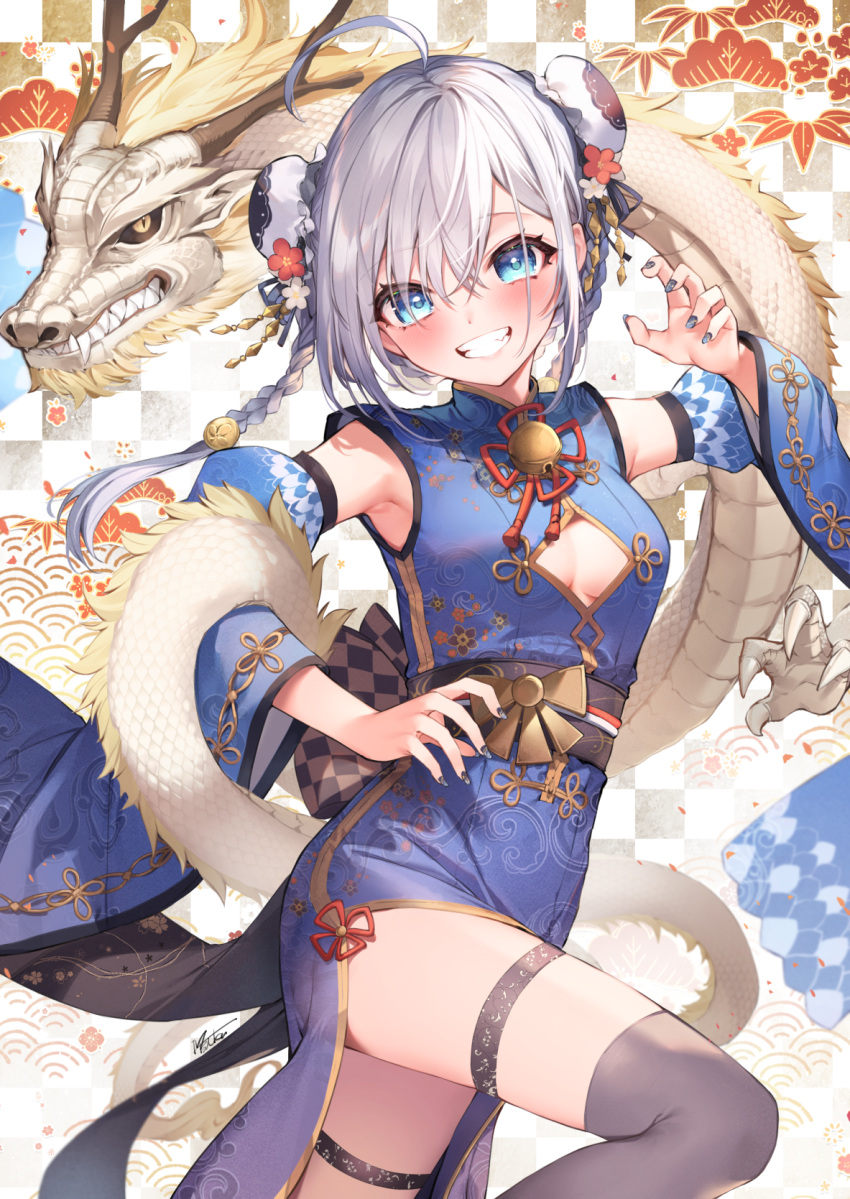 1girl 2024 ahoge antlers black_sclera blue_dress blue_eyes blue_sleeves braid breasts china_dress chinese_clothes chinese_zodiac cleavage_cutout clenched_teeth clothing_cutout colored_sclera detached_sleeves double_bun dragon dress eastern_dragon grey_hair grey_nails grin hair_bun highres horns looking_at_viewer medium_breasts mizuiro_raika new_year original side_slit slit_pupils smile solo teeth thighhighs wide_sleeves year_of_the_dragon