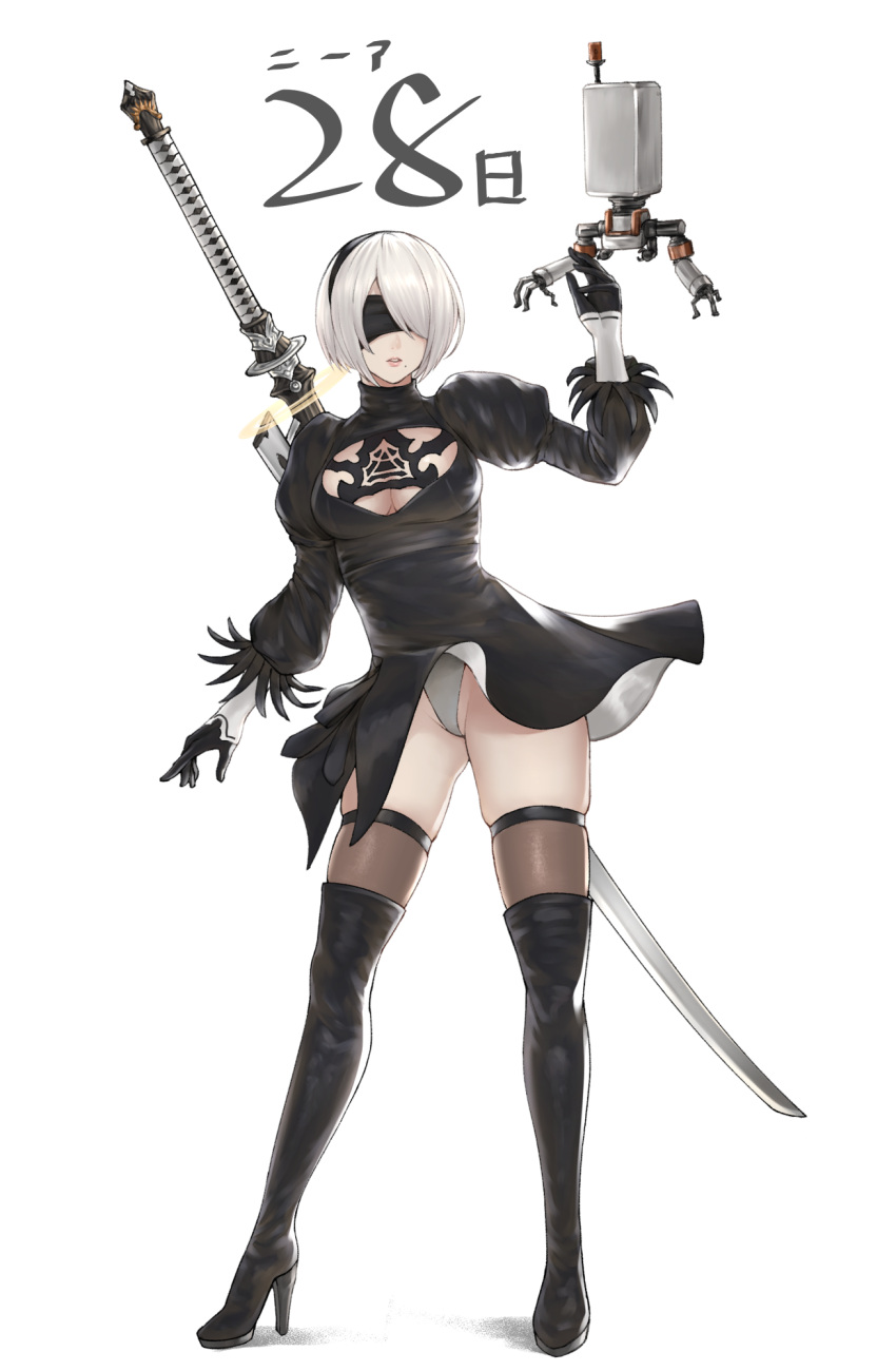 1girl bangs black_dress black_footwear blindfold boots breasts cleavage cleavage_cutout clothing_cutout commentary_request dress feather_trim full_body gloves hair_over_one_eye hairband high_heel_boots high_heels highres lips long_sleeves medium_breasts mole mole_under_mouth nier_(series) nier_automata nyatokanyaru pod_(nier_automata) puffy_sleeves revision robot shiny shiny_hair short_dress short_hair simple_background skindentation sword thigh_boots thighhighs thighs turtleneck underwear weapon weapon_on_back white_background white_hair yorha_no._2_type_b