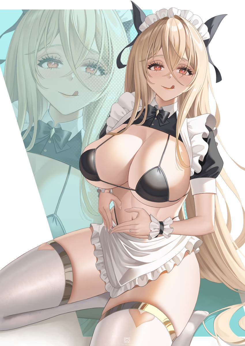 1girl absurdres alternate_costume apron azur_lane bikini black_bikini blonde_hair bow bowtie breasts cleavage commission crossed_bangs enmaided frilled_apron frilled_wrist_cuffs frills heart heart_hands highleg highleg_bikini highres huge_breasts implacable_(azur_lane) licking_lips long_hair maid maid_headdress pixiv_commission puffy_short_sleeves puffy_sleeves seiza short_sleeves shrug_(clothing) sitting swimsuit theblu3jay thighhighs tongue tongue_out white_apron white_thighhighs wrist_cuffs