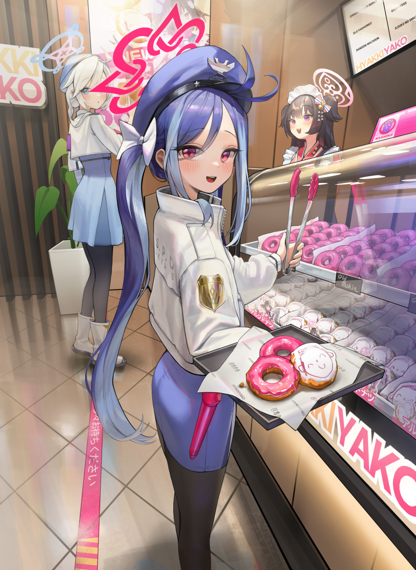 3girls :d absurdres badge bangs baton black_pantyhose blue_archive blue_eyes blue_hair blue_headwear blush bow brown_hair display_case dong_ji doughnut feet_out_of_frame food fubuki_(blue_archive) grey_hair hair_bow halo hat highres holding holding_tongs holding_tray indoors izuna_(blue_archive) jacket kirino_(blue_archive) long_hair long_sleeves looking_at_viewer maid_headdress multicolored_hair multiple_girls pantyhose plant police police_hat police_uniform potted_plant purple_eyes red_eyes sensei_(blue_archive) shizuko_(blue_archive) smile streaked_hair swept_bangs tile_floor tiles tongs tray two_side_up uniform wa_maid white_bow white_footwear white_hair white_jacket