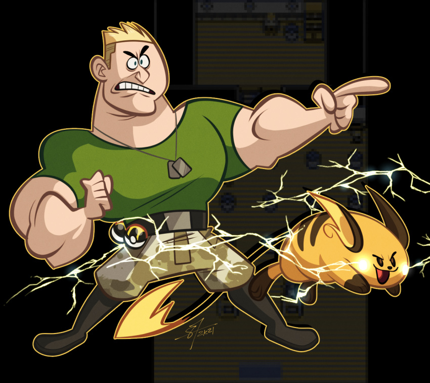 5_fingers 87octane biped blonde_hair clothing duo electricity eyebrows fingers generation_1_pokemon green_clothing green_shirt green_topwear gym_leader hair human lt._surge male mammal muscular muscular_human muscular_male nintendo open_mouth open_smile pokemon pokemon_(species) raichu shirt smile tail topwear
