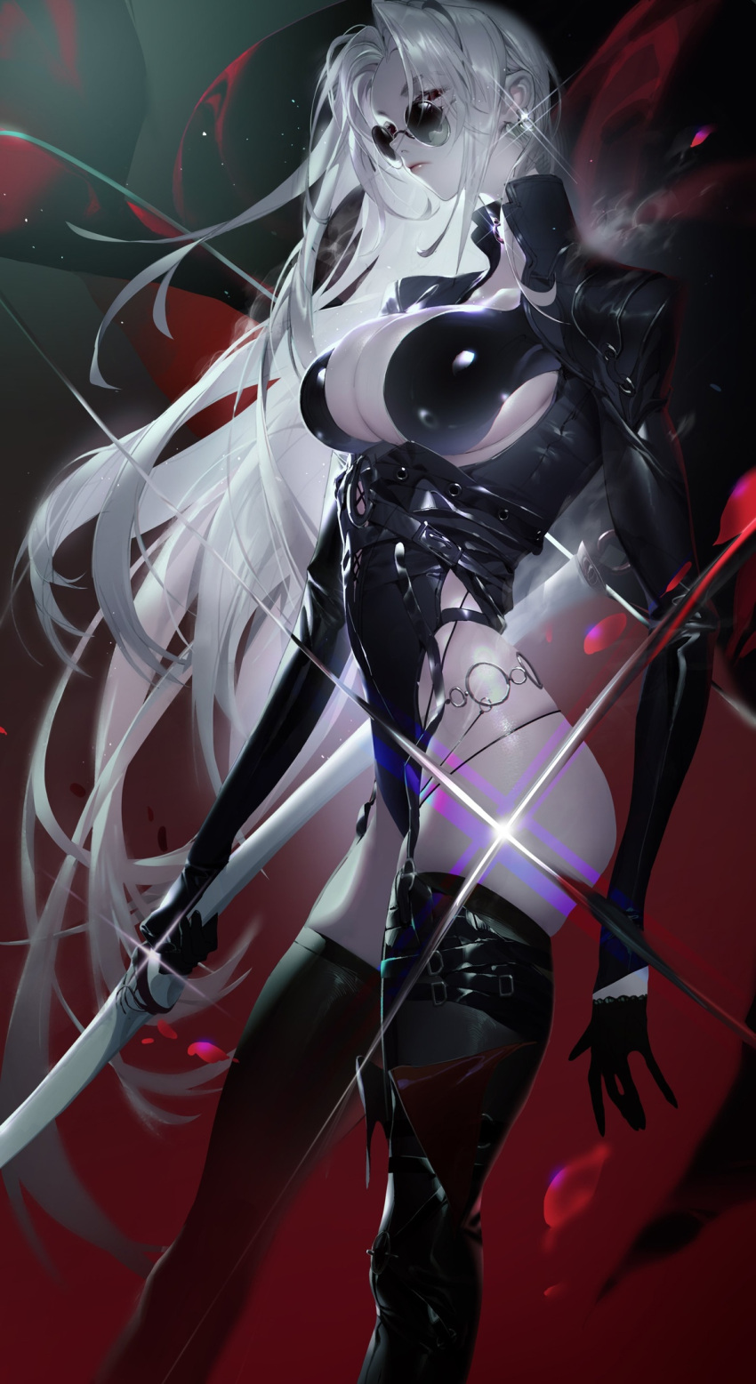 1girl belt belt_buckle black_gloves black_thighhighs breasts buckle choker cleavage cleavage_cutout clothing_cutout dark dungeon_and_fighter female_slayer_(dungeon_and_fighter) glasses gloves highres holding holding_sword holding_weapon jacket katana large_breasts leotard long_hair mature_female night parted_lips red_eyes revealing_clothes shiny_clothes side_cutout solo spectre_(dungeon_and_fighter) strap sunglasses sword thighhighs upper_body weapon white_hair