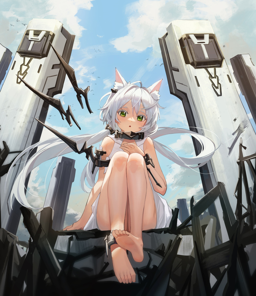 1girl :o absurdres animal animal_ear_fluff animal_ears arknights bangs barefoot bird blue_sky cloud cloudy_sky colored_eyelashes commentary_request day dress floating_hair green_eyes hair_between_eyes highres legs long_hair looking_at_viewer low_twintails outdoors parted_lips rosmontis_(arknights) sky sleeveless sleeveless_dress soles solo suye toes twintails very_long_hair white_dress white_hair