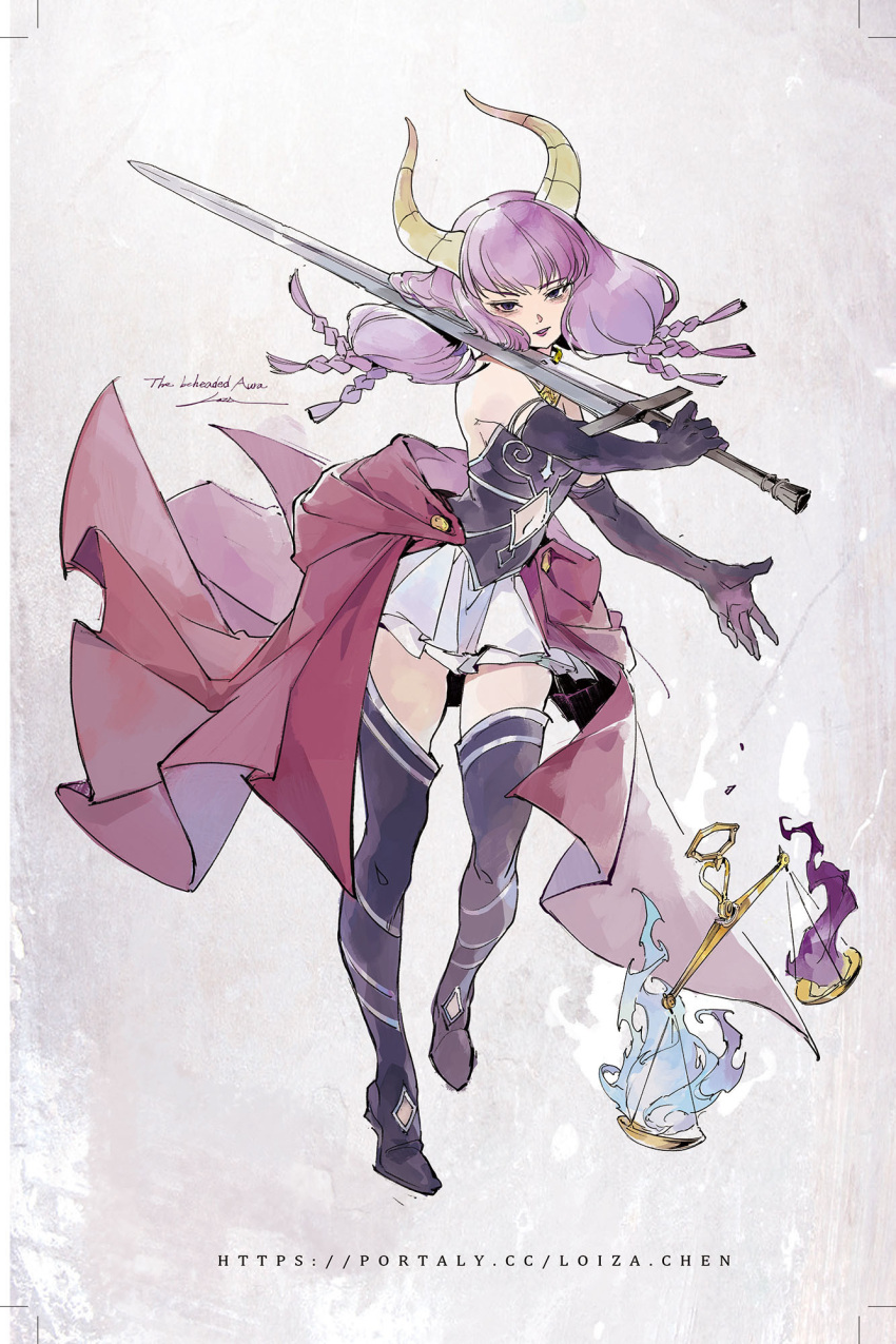 1girl aura_(sousou_no_frieren) black_thighhighs breasts clothing_cutout demon_girl demon_horns elbow_gloves english_commentary fire gloves highres holding holding_sword holding_weapon horns lips loiza long_hair looking_at_viewer magic medium_breasts navel navel_cutout purple_eyes purple_hair simple_background solo sousou_no_frieren standing sword thighhighs weapon weighing_scale