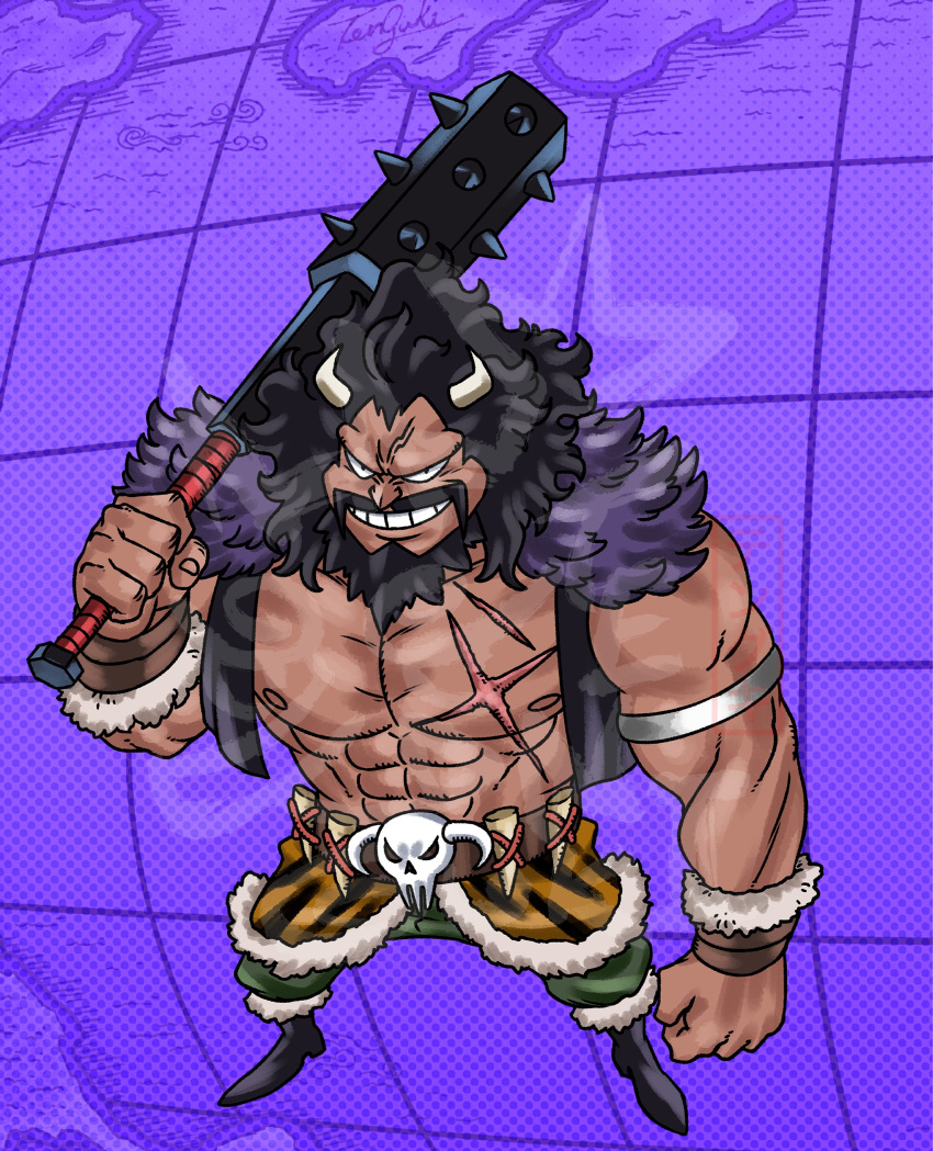 1boy abs absurdres animal_skull armlet bare_pectorals beard black_hair club_(weapon) concept_art dark-skinned_male dark_skin deformed facial_hair full_body grin highres kaidou_(one_piece) large_pectorals long_beard male_focus mature_male muscular muscular_male mustache navel nipples one_piece pectorals prototype_design scar skull_belt smile solo standing tengukiarts veiny_face weapon