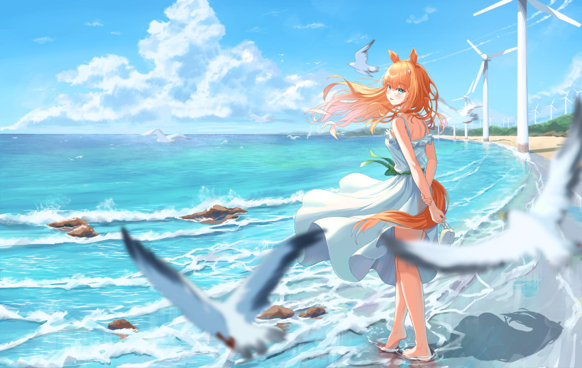 1girl absurdres alternate_costume animal_ears arms_behind_back ayloss barefoot beach bird blue_sky blurry cloud cumulonimbus_cloud depth_of_field dress english_commentary full_body highres holding holding_clothes holding_footwear horse_ears horse_girl horse_tail long_hair looking_at_viewer looking_back ocean open_mouth orange_hair outdoors seagull shoes silence_suzuka_(umamusume) sky sleeveless sleeveless_dress solo standing sundress tail umamusume unworn_shoes wading white_dress wind_turbine