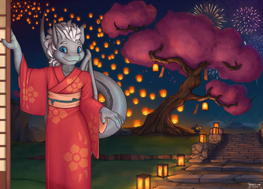 2024 animal_humanoid anthro artist_logo artist_name asian_building asian_clothing asian_culture belt blue_eyes cherry_blossom cherry_blossom_leaves cherry_blossom_tree cherry_tree cherryblossom chinese_zodiac clothed clothing dawn_(dawnthedragon) decoration detailed detailed_background detailed_environment detailed_eyes detailed_lighting detailed_scales dorsal_fin dorsal_ridge draconis_elementa dragon east_asian_clothing fin fire fireworks fruit_tree grass grey_body grey_scales hair hand_on_building hand_on_object hand_on_wall hanging_lantern herm hi_res holidays humanoid intersex japanese_clothing kimono lamp lantern laterns logo long_tail looking_at_viewer lunar_new_year male maleherm mherm mountain neko-me new_year ofuda oil_lamp paper_lantern pathway pink_leaves plant red_clothing reptilian_tail scales scalie scalie_humanoid shoji short_hair signature smile smiling_at_viewer solo spiky_hair stone_path tail tail_behind_head talasmans talisman talismans themed_pic tree western_dragon white_hair wings year_of_the_dragon yotd